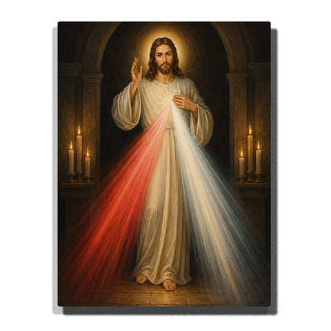 Jesus Divine Mercy with red and white rays, golden halo, sacred chapel interior, candles and Christian devotional artwork Paint by Numbers by PaintEasy