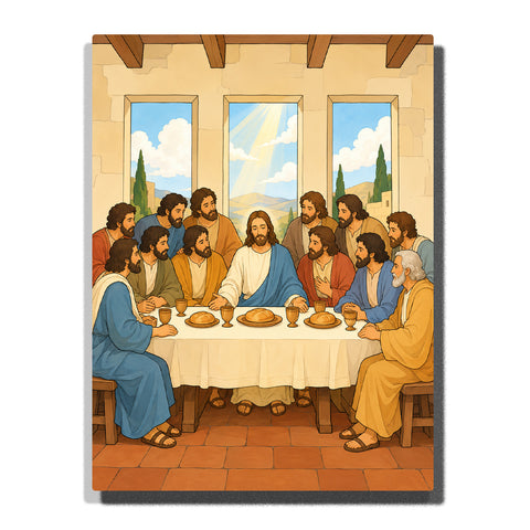 Jesus sharing the Last Supper with the Twelve Apostles around a dining table inside a sunlit room with open windows Paint by Numbers by PaintEasy