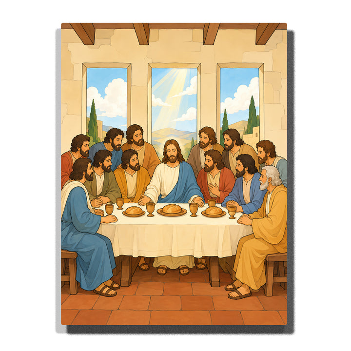 Jesus sharing the Last Supper with the Twelve Apostles around a dining table inside a sunlit room with open windows Paint by Numbers by PaintEasy