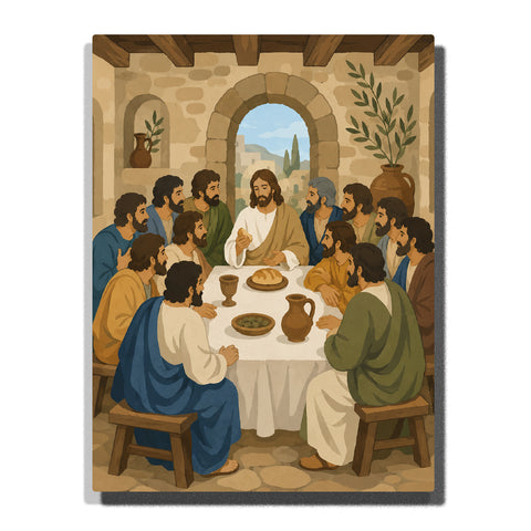 Jesus blessing bread while sharing the Last Supper with the Twelve Apostles around a rustic dining table inside a stone house Paint by Numbers by PaintEasy