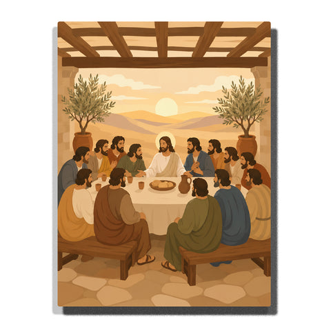 Jesus sharing bread with the Twelve Apostles around the Last Supper table inside a stone house with olive trees and sunset view Paint by Numbers by PaintEasy