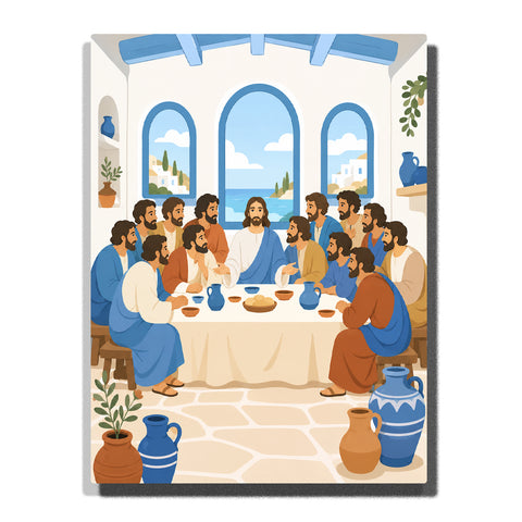 The Last Supper with Christ and the Twelve Apostles inside a white coastal hall with blue archways, ceramic pottery, bread and seaside view Paint by Numbers by PaintEasy