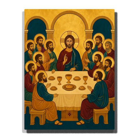 The Last Supper with Christ and the Twelve Apostles surrounded by golden halos, bread, chalices and arched church architecture in traditional Christian icon style Paint by Numbers by PaintEasy