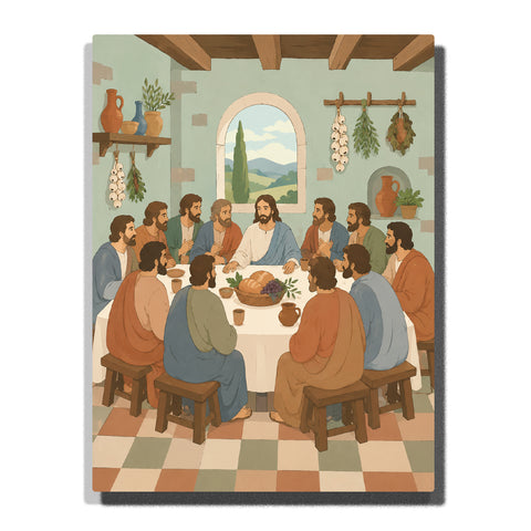The Last Supper with Christ and the Twelve Apostles around a table with bread, wine, pottery, hanging herbs and a countryside view through an arched window Paint by Numbers by PaintEasy
