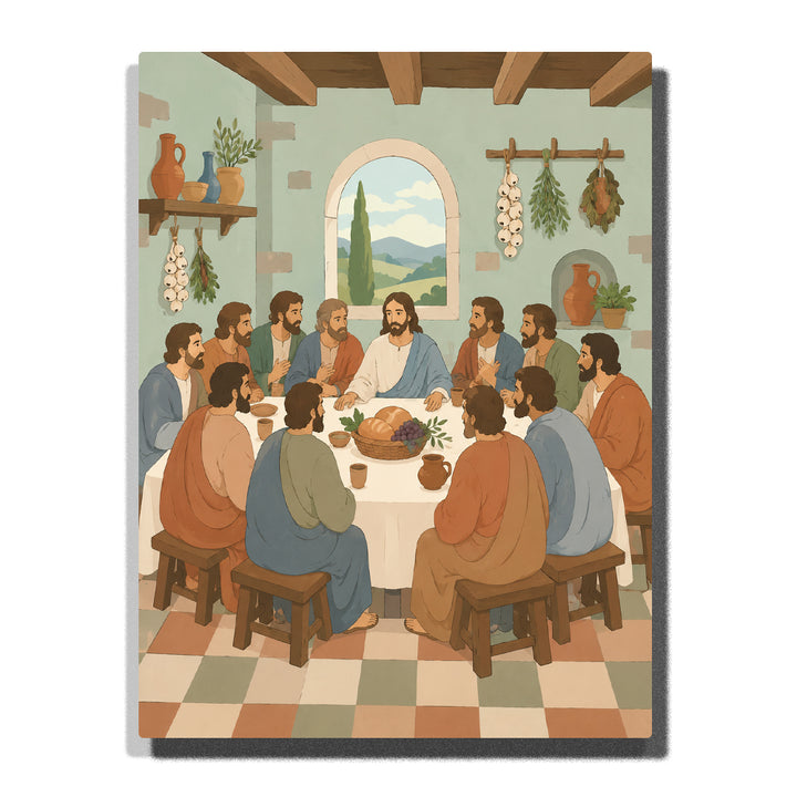 The Last Supper with Christ and the Twelve Apostles around a table with bread, wine, pottery, hanging herbs and a countryside view through an arched window Paint by Numbers by PaintEasy