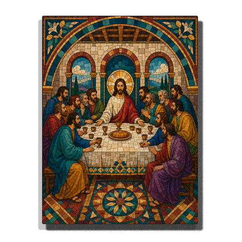 The Last Supper with Jesus and Twelve Apostles in Byzantine mosaic style with golden arches, colorful robes, bread, cups and geometric tile patterns Paint by Numbers by PaintEasy