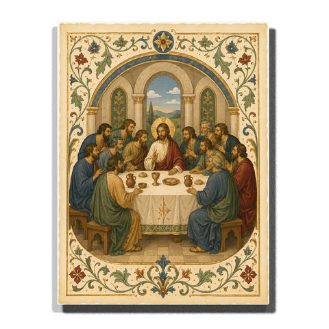 The Last Supper with Jesus and Twelve Apostles in Renaissance manuscript style with decorative floral border, arches, traditional robes and sacred table details Paint by Numbers by PaintEasy