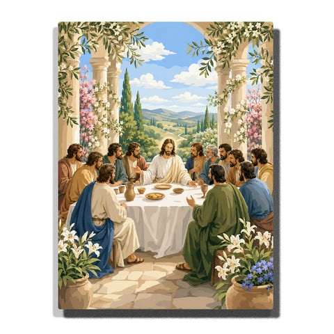 The Last Supper with Christ and the Twelve Apostles in Mediterranean garden courtyard with stone arches, olive branches, flowers and countryside landscape Paint by Numbers by PaintEasy