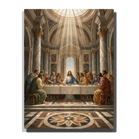 Jesus and disciples at The Last Supper inside grand cathedral with marble columns, golden light, sacred table and biblical Christian scene Paint by Numbers by PaintEasy