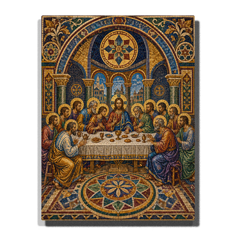 The Last Supper mosaic of Jesus and disciples in Byzantine cathedral interior with golden arches, sacred table, blue gold patterns and Christian artwork Paint by Numbers by PaintEasy