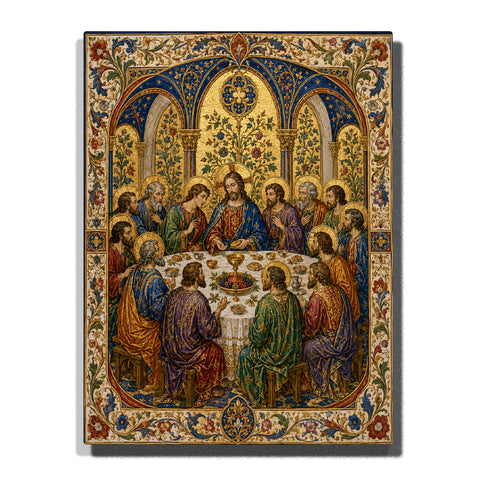 The Last Supper medieval manuscript style with Jesus and disciples, ornate golden borders, blue arches, decorative religious artwork and sacred table scene Paint by Numbers by PaintEasy