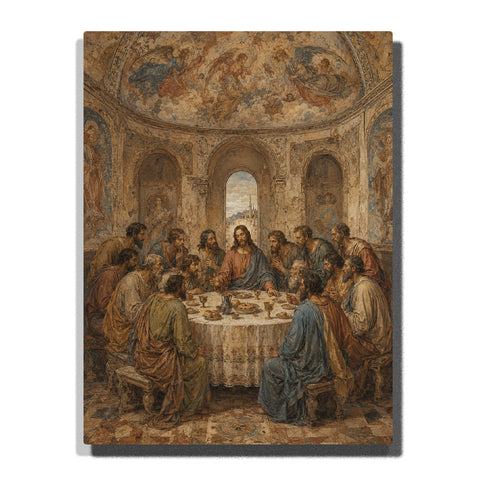 The Last Supper ancient fresco style with Jesus and disciples inside historic chapel, stone arches, aged wall paintings and sacred biblical scene Paint by Numbers by PaintEasy