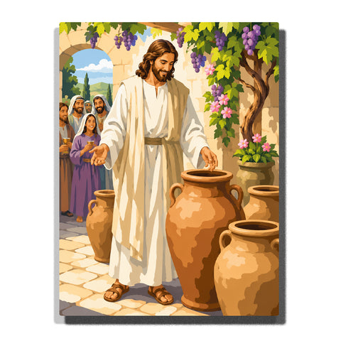 Jesus turning water into wine at the Wedding of Cana with clay jars, grapevines, flowers, guests and Mediterranean courtyard Paint by Numbers by PaintEasy