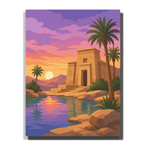 Ancient desert temple beside a reflective lake with palm trees, mountains and glowing sunset sky inspired by biblical landscapes Paint by Numbers by PaintEasy