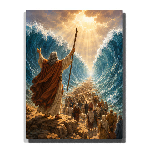 Moses parting the Red Sea with raised staff as Israelites cross between towering waves under divine golden light Paint by Numbers by PaintEasy