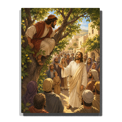 Jesus meeting Zacchaeus in Jericho beneath a sycamore tree with crowd of people, ancient stone buildings and warm sunlight Paint by Numbers by PaintEasy