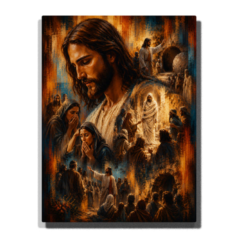Jesus Christ portrait surrounded by biblical scenes of miracles, teachings, followers and sacred moments with dramatic golden light Paint by Numbers by PaintEasy