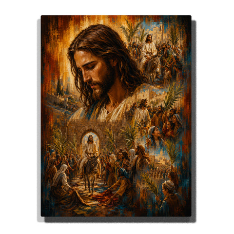 Jesus Christ portrait with biblical scenes of Triumphal Entry into Jerusalem, disciples, palm branches, crowds and sacred Christian artwork Paint by Numbers by PaintEasy