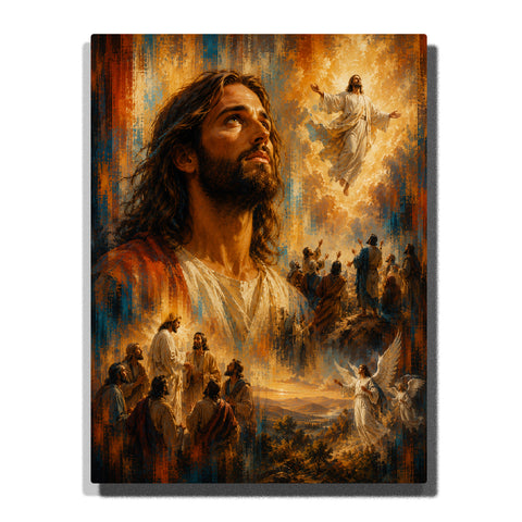 Jesus Christ portrait with ascension scene, angels, worshippers and biblical moments surrounded by golden heavenly light Paint by Numbers by PaintEasy