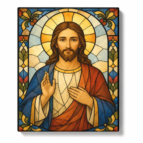Stained Glass Jesus Paint by Numbers For Adults featuring Jesus Christ with golden halo, blessing hand, red and blue robes and decorative Christian church window patterns