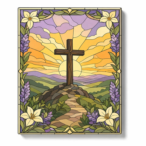 Christian Paint by Numbers For Beginners featuring stained glass wooden cross at golden sunrise with white lilies, purple flowers, green hills and stone path