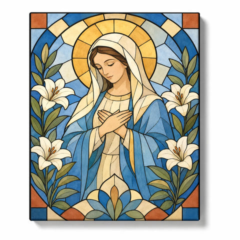 Virgin Mary Paint by Numbers For Beginners featuring praying Mary in blue robe with golden halo, white lilies and geometric stained glass design