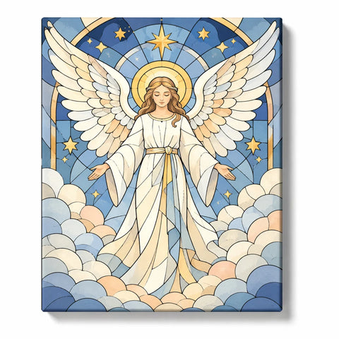 Angel Paint by Numbers For Beginners featuring white winged angel with golden halo, celestial stars, pastel clouds and blue stained glass design
