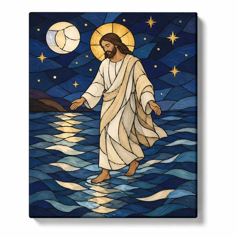 Jesus Paint by Numbers For Adults featuring stained glass Jesus walking on moonlit blue water with golden halo, crescent moon and stars