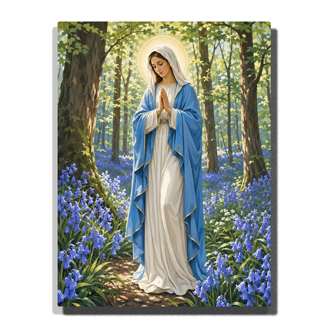 Virgin Mary praying in forest garden with blue robe, golden halo, purple wildflowers, tall trees and peaceful woodland scenery Paint by Numbers by PaintEasy