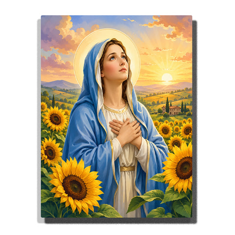 Virgin Mary with blue robe and golden halo surrounded by sunflowers, countryside landscape and sunrise sky Paint by Numbers by PaintEasy