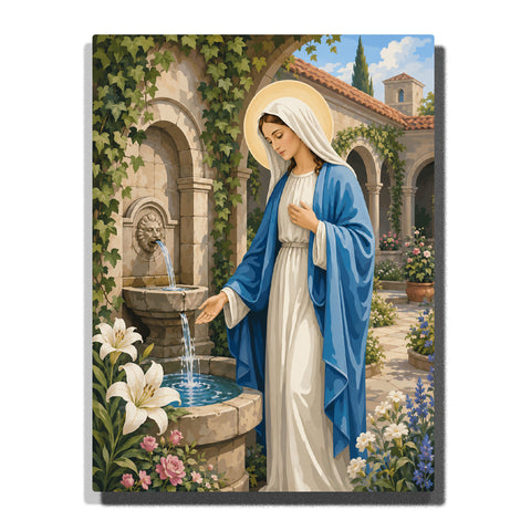 Virgin Mary in Mediterranean courtyard with fountain, blue robes, halo, flowers, ivy arches and Religious & Spiritual Christian artwork Paint by Numbers by PaintEasy