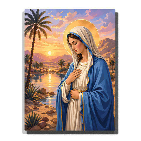 Virgin Mary with golden halo beside desert lake at sunset, blue robes, palm trees, mountains and Christian religious artwork Paint by Numbers by PaintEasy