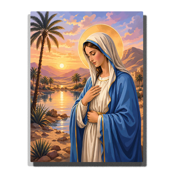 Virgin Mary with golden halo beside desert lake at sunset, blue robes, palm trees, mountains and Christian religious artwork Paint by Numbers by PaintEasy