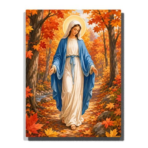 Virgin Mary walking through autumn forest with golden halo, blue robes, white dress, fall leaves and peaceful Christian religious artwork Paint by Numbers by PaintEasy