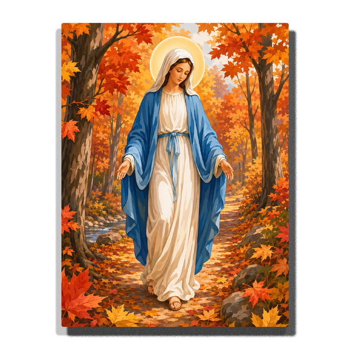 Virgin Mary walking through autumn forest with golden halo, blue robes, white dress, fall leaves and peaceful Christian religious artwork Paint by Numbers by PaintEasy