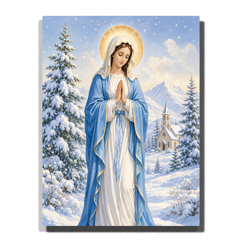 Virgin Mary in snowy mountain village with golden halo, blue robes, winter church, pine trees and peaceful Christian religious artwork Paint by Numbers by PaintEasy