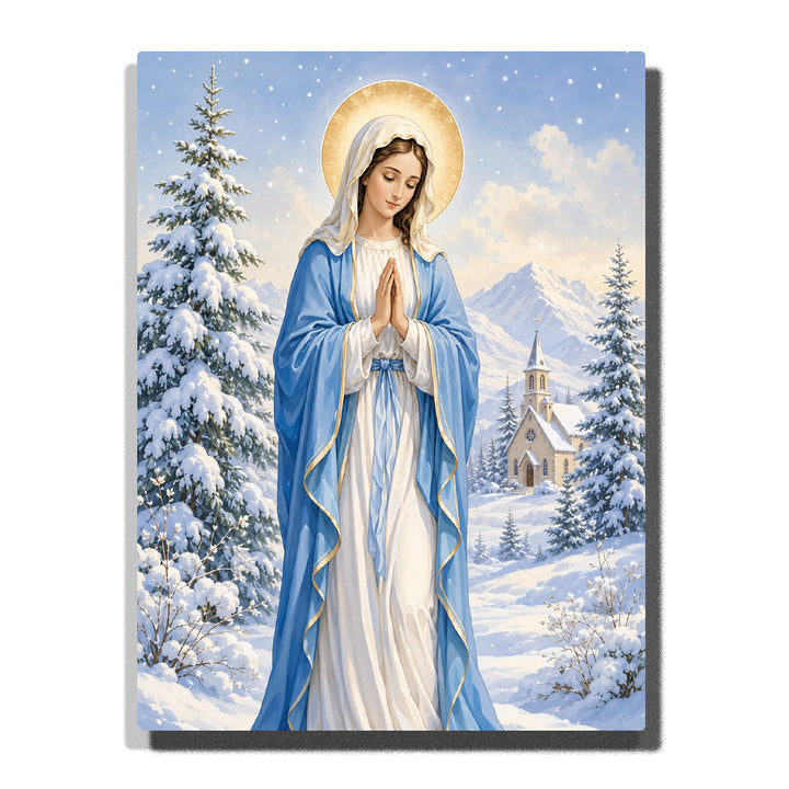 Virgin Mary in snowy mountain village with golden halo, blue robes, winter church, pine trees and peaceful Christian religious artwork Paint by Numbers by PaintEasy