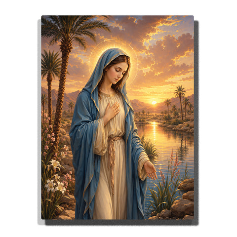 Virgin Mary with blue robe and golden halo beside river valley at sunset with palm trees, mountains and peaceful water landscape Paint by Numbers by PaintEasy