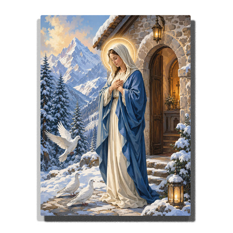 Virgin Mary praying outside snowy mountain chapel with blue robe, golden halo, white doves, pine trees and alpine winter landscape Paint by Numbers by PaintEasy