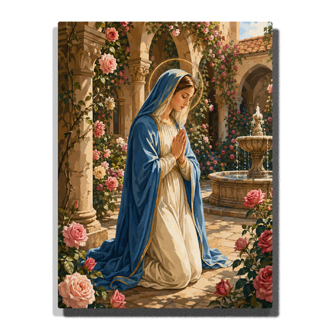 Virgin Mary praying in rose garden courtyard with blue robe, golden halo, stone arches, fountain and blooming flowers Paint by Numbers by PaintEasy