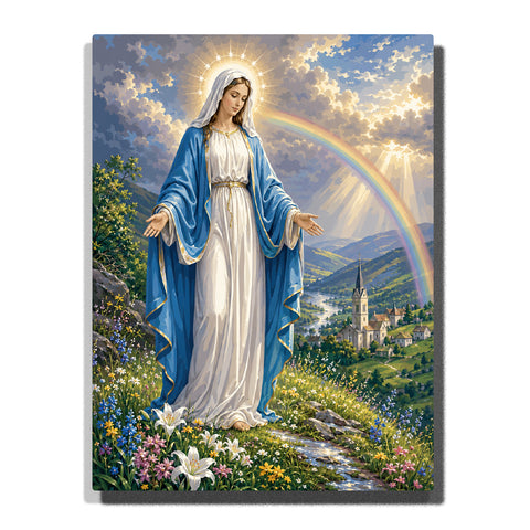 Paint by numbers Virgin Mary standing in a colorful mountain meadow with a radiant halo, surrounded by blooming lilies and wildflowers, a rainbow, sunlit clouds, and a peaceful church village.