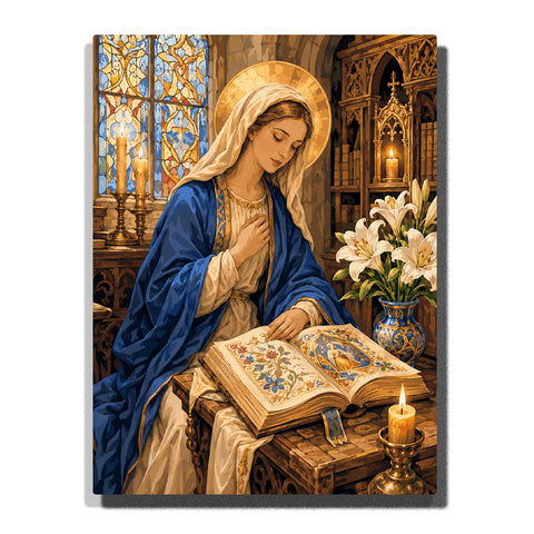 Paint by numbers Virgin Mary reading an illuminated holy book in a candlelit church, wearing a blue mantle and white veil with a golden halo, surrounded by stained glass, white lilies, and Gothic details.
