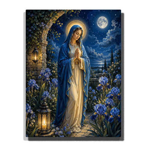 Paint by numbers Virgin Mary praying in a moonlit garden, wearing a blue mantle and white gown with a glowing halo, surrounded by blue irises, lanterns, stars, and a full moon.