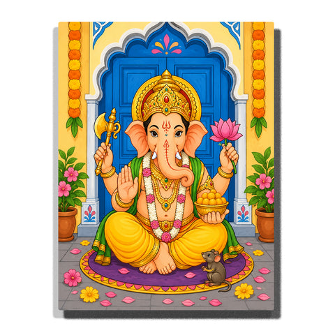 Lord Ganesha sitting with golden crown, lotus flower, sacred ornaments, blue temple doorway and colorful Indian spiritual decorations Paint by Numbers by PaintEasy