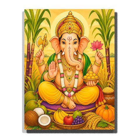 Lord Ganesha sitting with golden crown, lotus flower, tropical plants, fruits, coconuts, sugarcane and traditional Indian offerings Paint by Numbers by PaintEasy