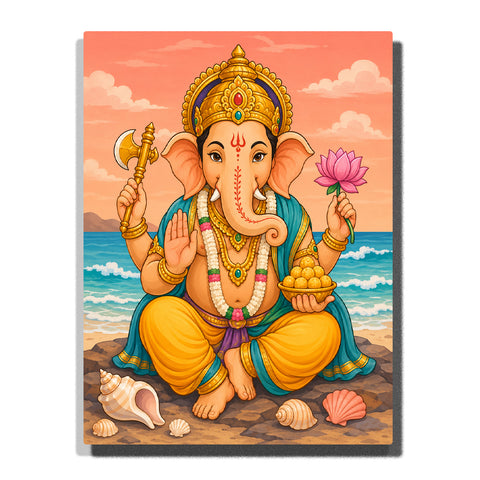 Lord Ganesh sitting beside ocean with golden crown, lotus flower, sacred offerings, seashells and colorful coastal background Paint by Numbers by PaintEasy