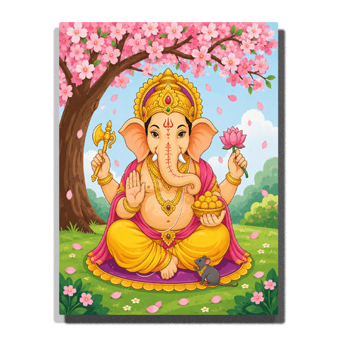 Lord Ganesh under cherry blossom tree with golden crown, lotus flower, sacred offerings, pink blossoms and peaceful garden background Paint by Numbers by PaintEasy