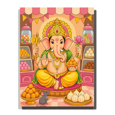 Lord Ganesh festival celebration with golden crown, lotus flower, traditional sweets, colorful market stalls and festive decorations Paint by Numbers by PaintEasy