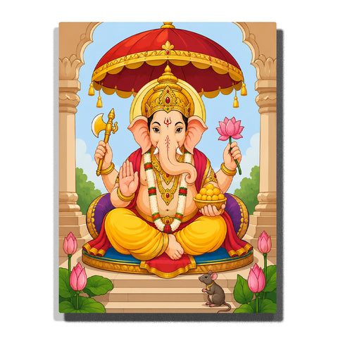 Lord Ganesh sitting under royal canopy with golden crown, lotus flowers, sacred offerings, temple decorations and peaceful spiritual background Paint by Numbers by PaintEasy