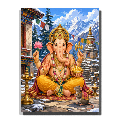 Lord Ganesha sitting with golden crown, lotus flower, tropical plants, fruits, coconuts, sugarcane and traditional Indian offerings Paint by Numbers by PaintEasy
